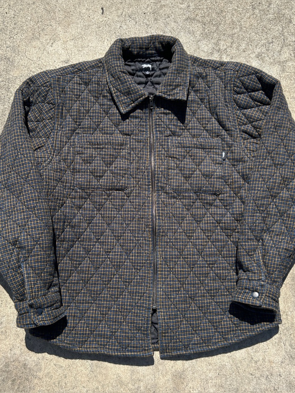 Stussy Quilted Plaid Full Zip Jacket Yellow Blue Black Chest Pockets Men Medium